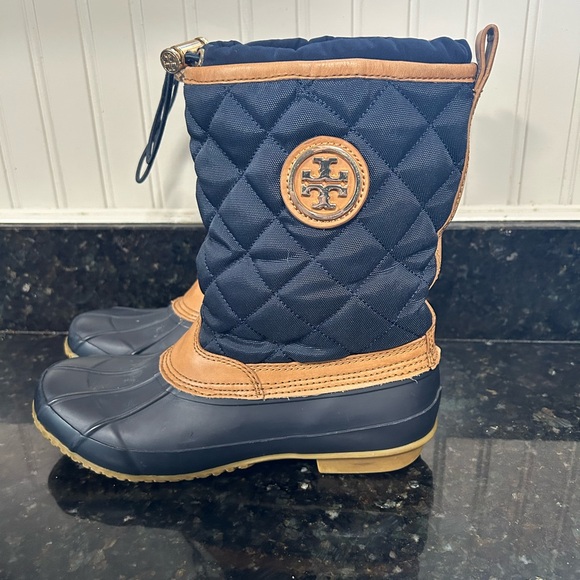 Tory Burch Quilted Navy and Brown Boots - Picture 1 of 8